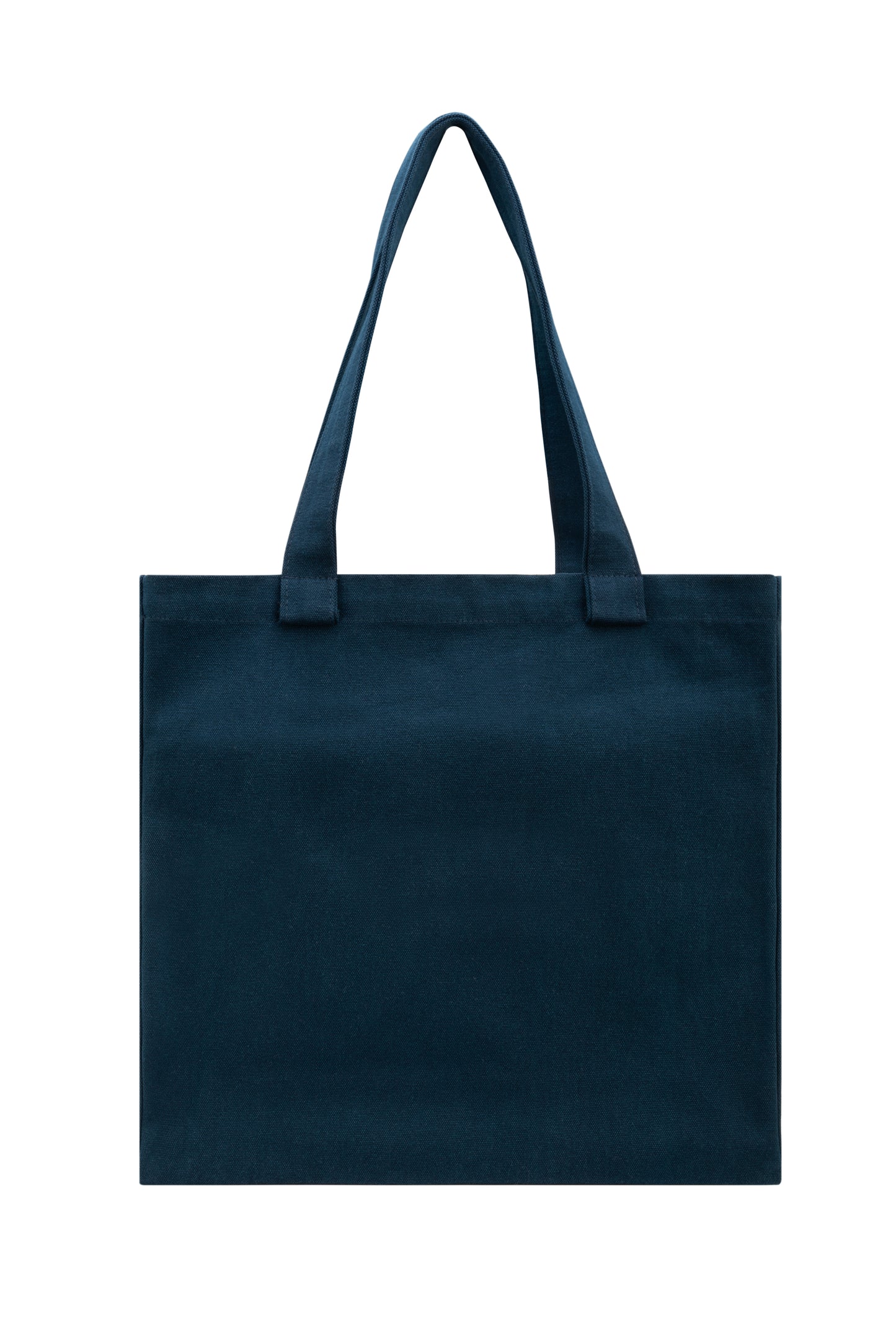 Back view of plain dark blue cotton tote bag - clean and minimalist design with wide straps.