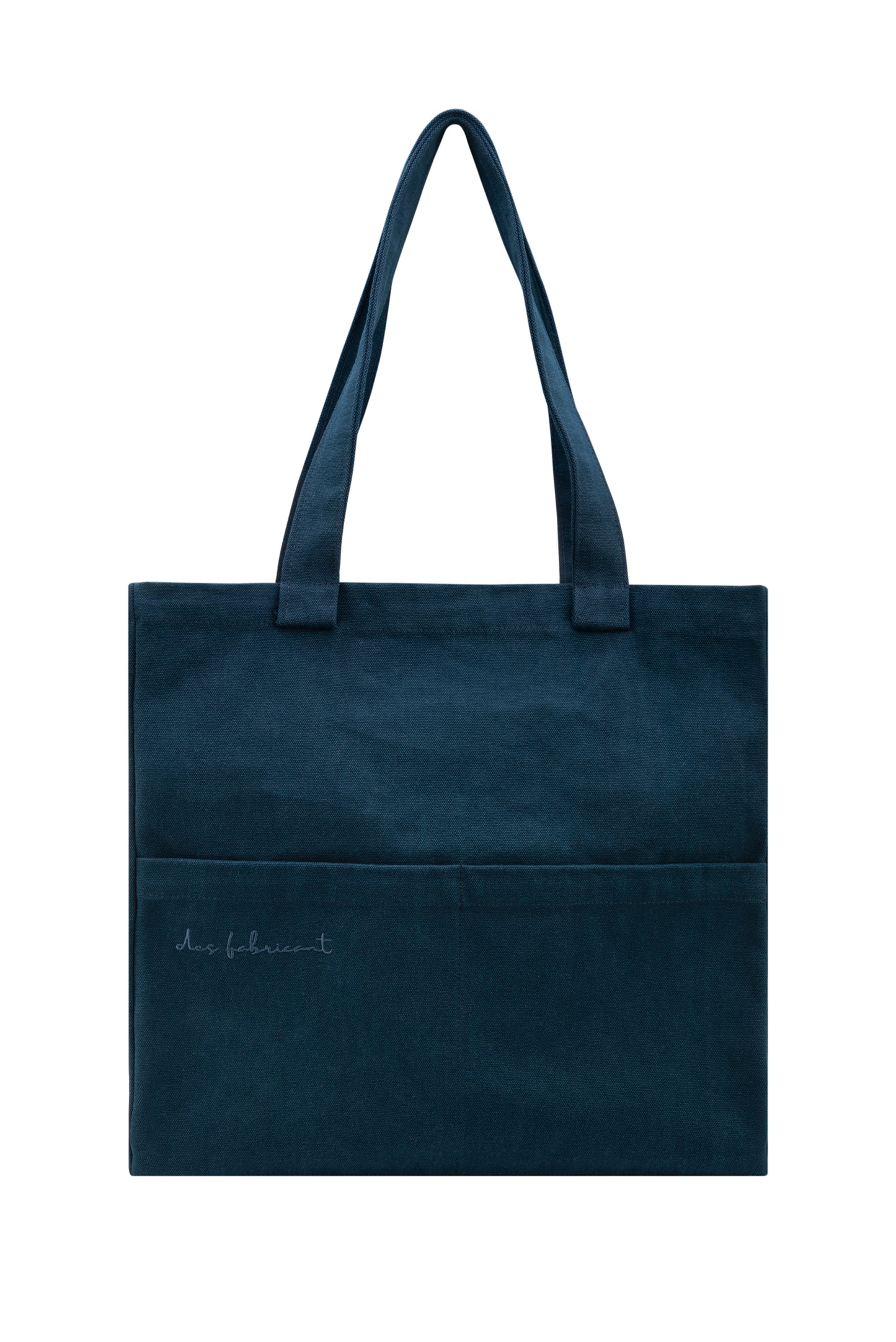 Front view of eco-friendly dark blue tote bag with Des Fabricant logo and dual outer pockets - sustainable everyday essential.